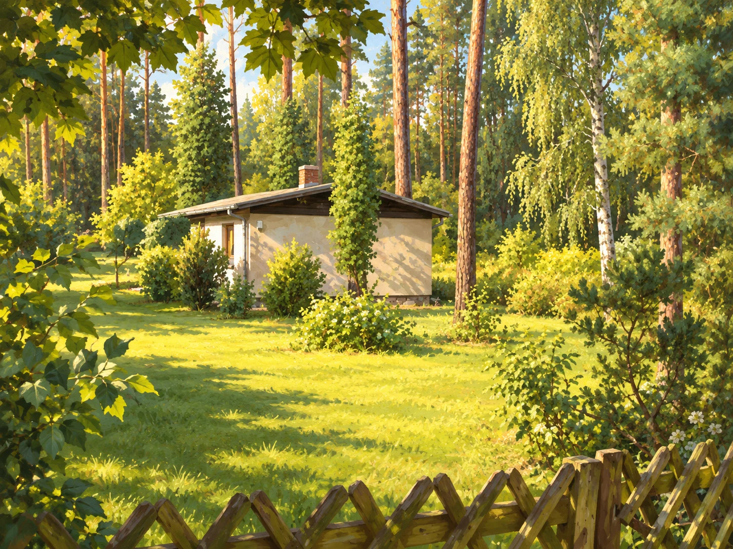 Illustration des echten Bungalows auf einer sonnigen Wiese mitten im Waldgarten