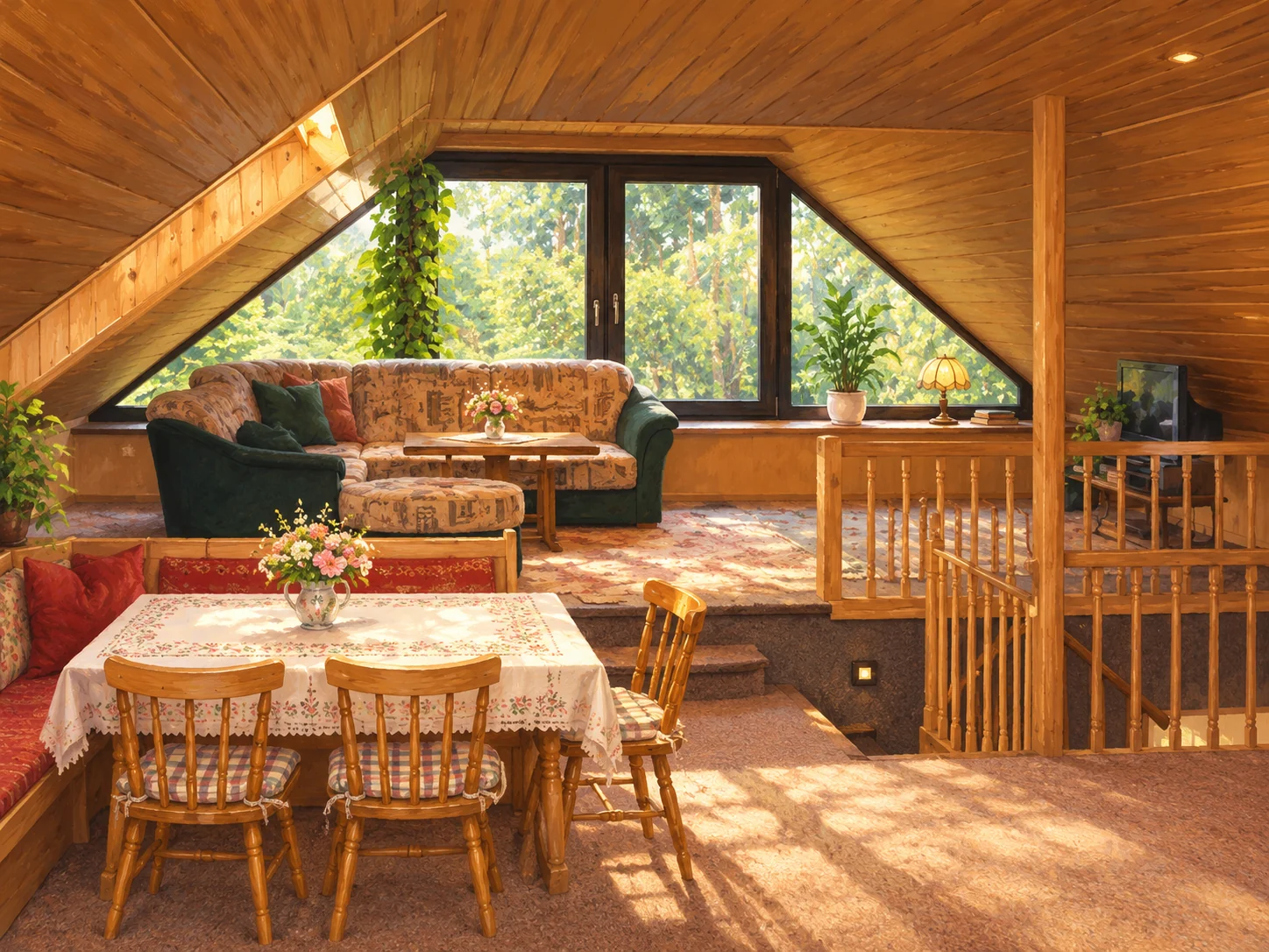 Illustration der echten Ferienwohnung mit Holzdecke, gemütlicher Sitzecke und Esstisch – ohne Tresen im Vordergrund