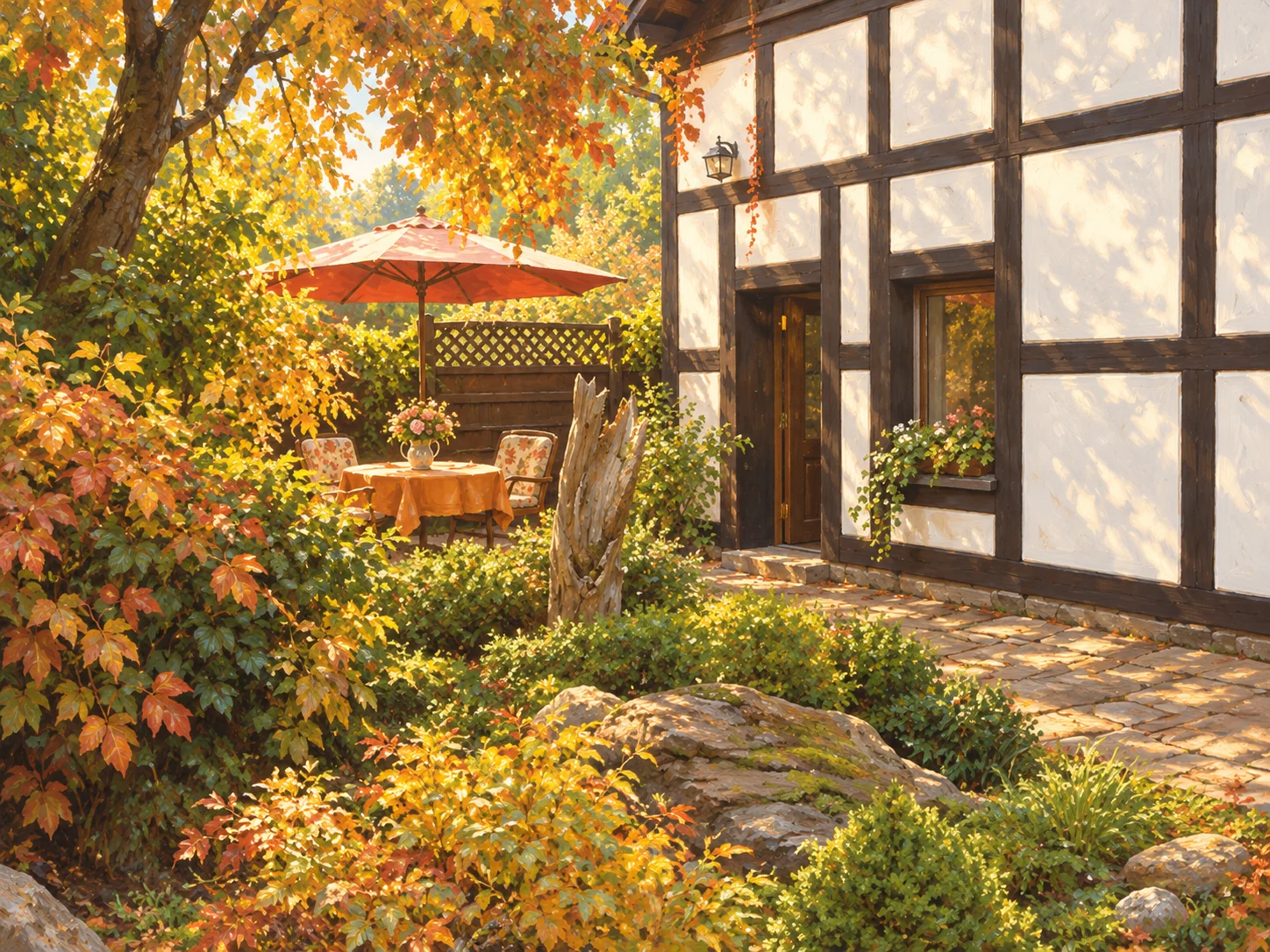 Illustration des Zugangs zur Ferienwohnung am Fachwerkhaus und der Garten-Sitzecke