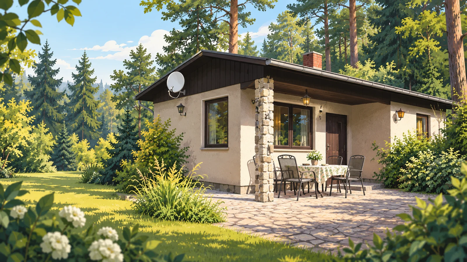 Künstlerische Illustration des echten Bungalows mit Terrasse, umgeben von Kiefern und Bäumen